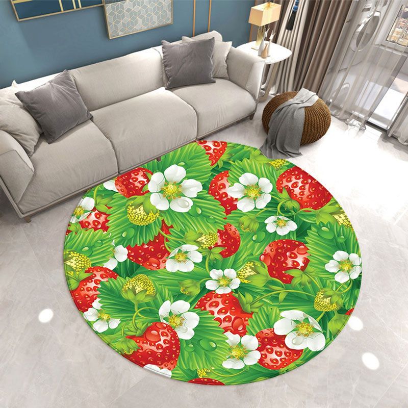 Round Strawberry Pattern Carpet Polyester Natural Rug Stain Resistant Area Carpet for Living Room