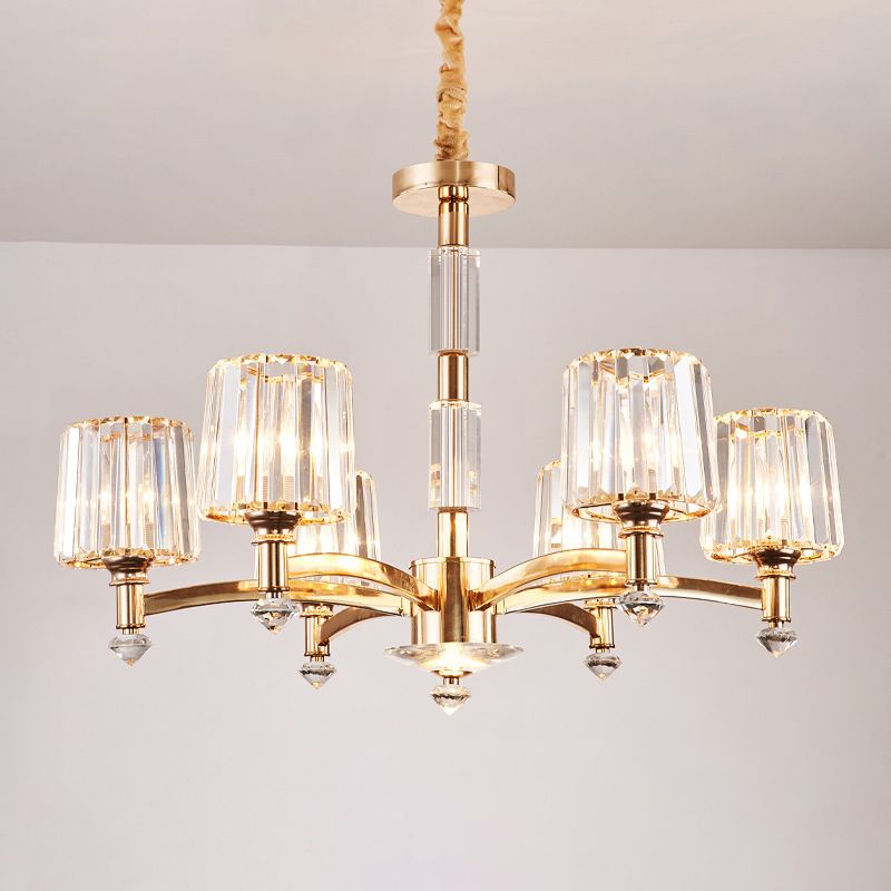Antique Sputnik Pendant Lighting 6 Bulbs Clear Crystal Block Ceiling Chandelier in Gold for Bedroom
