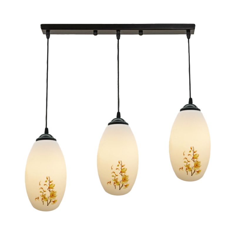 3 Bulbs Multiple Hanging Light Modern Oblong Frosted White Glass Linear/Round Canopy Pendulum Lamp with Flower Pattern