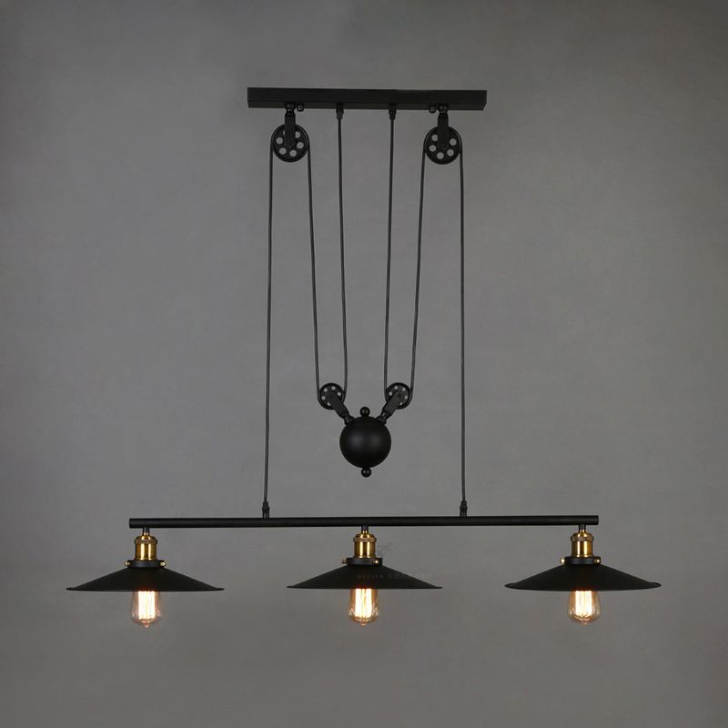 Black 3-Head Pulley Pendant Industrial Metal Flying Saucer Hanging Ceiling Light for Bar