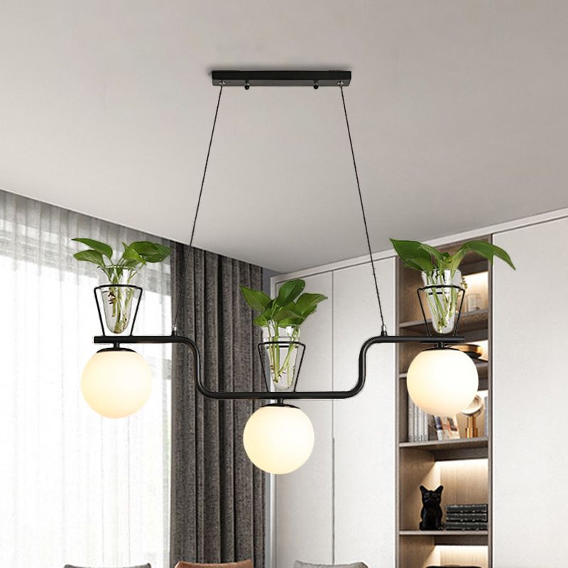 Black 3-Bulb Island Light Fixture Industrial Opal Glass Globe Pendant Lamp with Clear Glass Pot