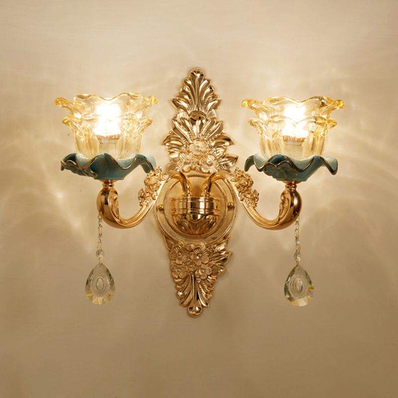 Gold Floral Wall Light Fixture Vintage Glass Living Room Wall Mounted Lamp with Crystal Accent