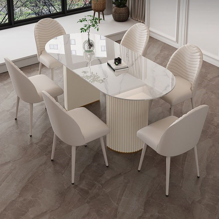 Contemporary Dining Table Stone Dining Table in White with Double Pedestal