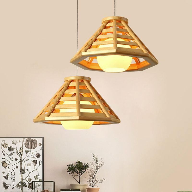 Log Color Truncated Cone Hanging Lamp in Modern Simplicity Wooden Pendant Light with Glass Shade