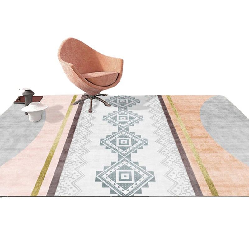 White Geometric Scheme Rug Polyester Casual Rug Washable Rug for Living Room