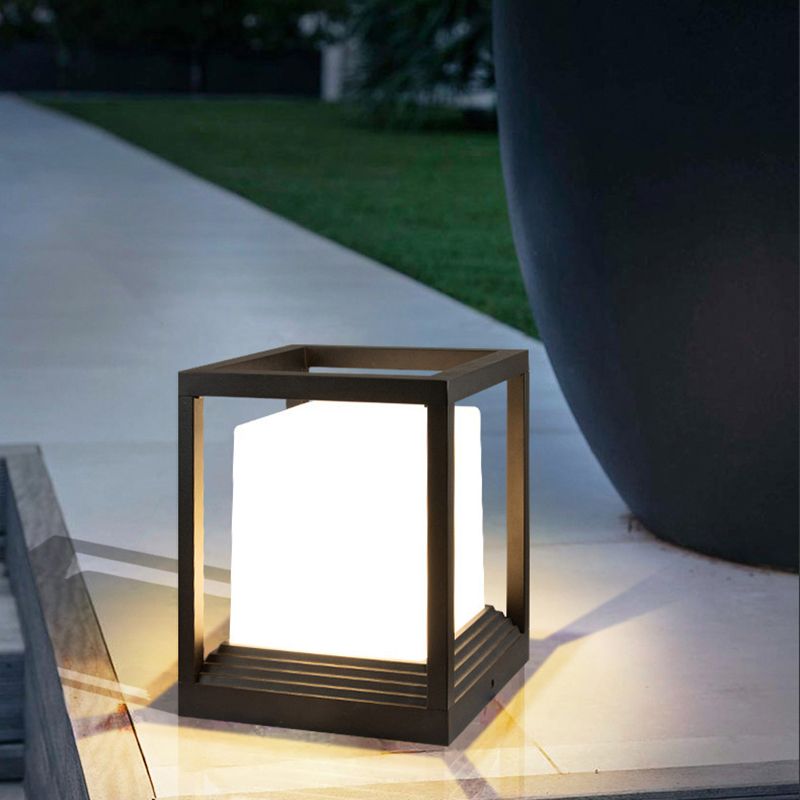 Metal Rectangular Shape Outdoor Lights Modern 1 Light Waterproof Pillar Lamp in Black