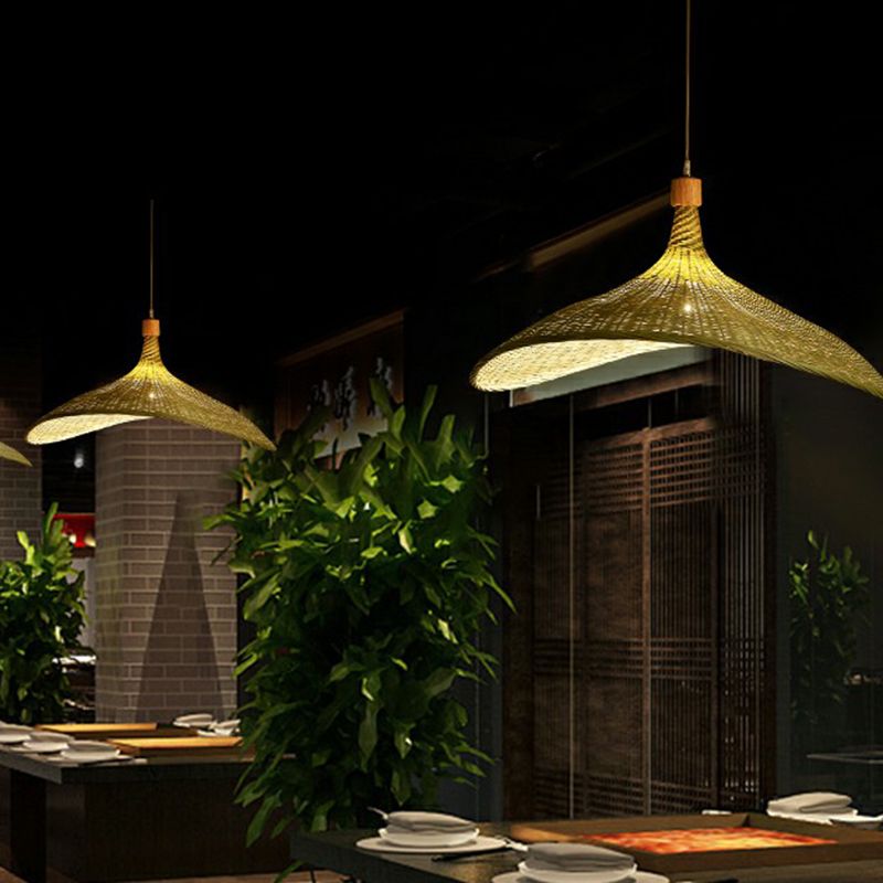 Green-Yellow Straw Hat Shaped Pendant South-East Asia Single Natural Bamboo Fiber Suspension Light
