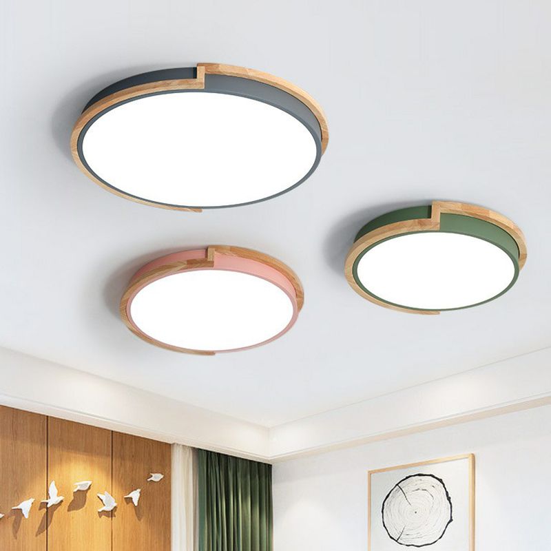 Circular LED Flush Mount Minimalist Acrylic Living Room Flushmount Ceiling Light with Wooden Frame