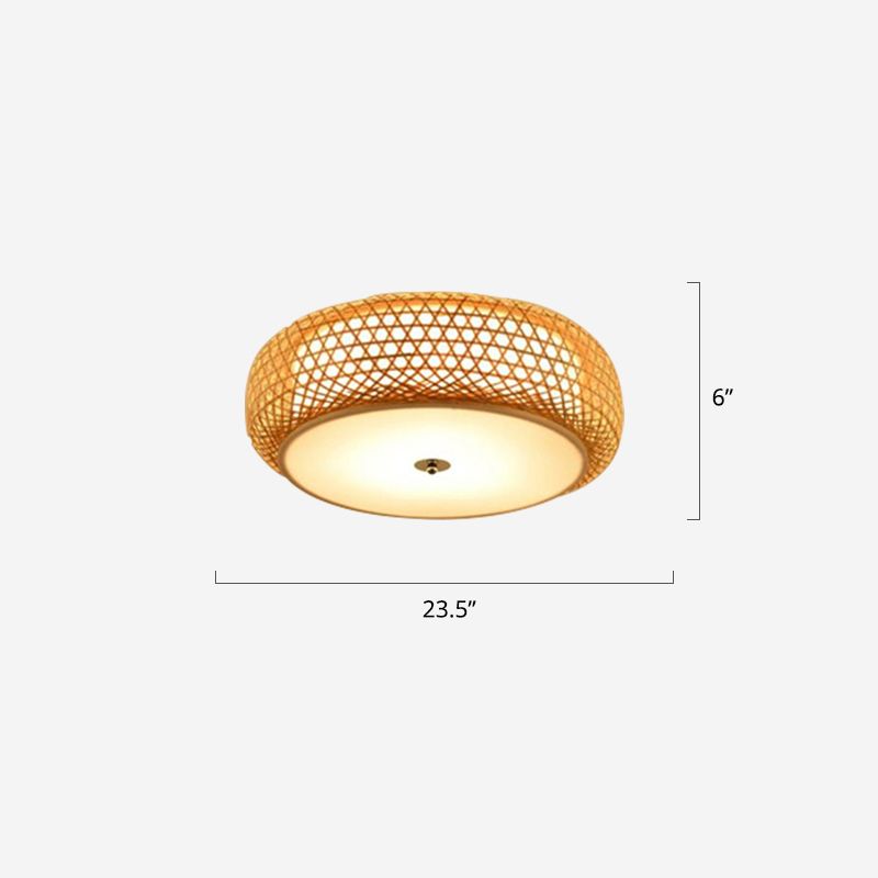 Round Bamboo Flush Mount Lamp Asian 1 Bulb Beige Ceiling Light Fixture for Bedroom