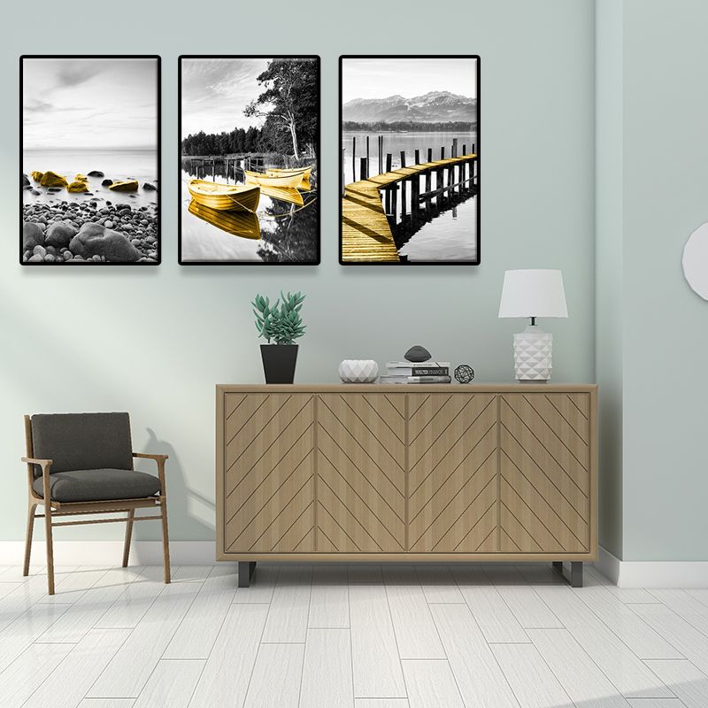 Shore Landscape Wall Art Decor in Gold Tropix Canvas Print for Living Room, Set of 3