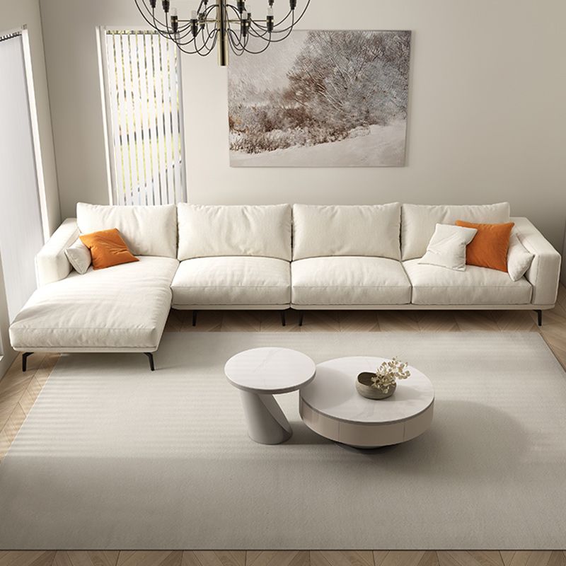 Square Arm Loose Back Sofa and Chaise Slipcovered White Fabric Sofa