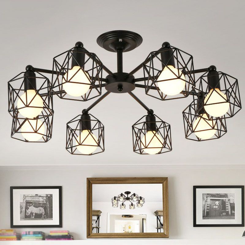 Iron Hexagonal Cage Suspension Light Simplicity Clothes Shop Chandelier Light in Black