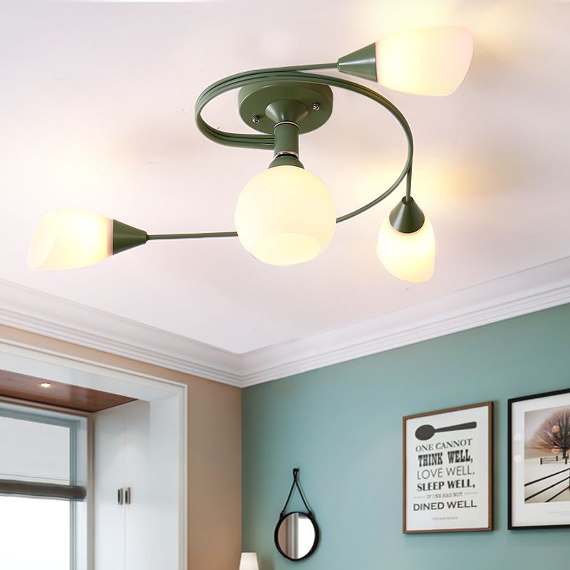 Curly Semi Flush Mount Light Nordic Fer 4/6 HEAD GREN / ROSE / JAUNE PLAFICATION AVEC BLAND D'ECVOIRE DE VERRE