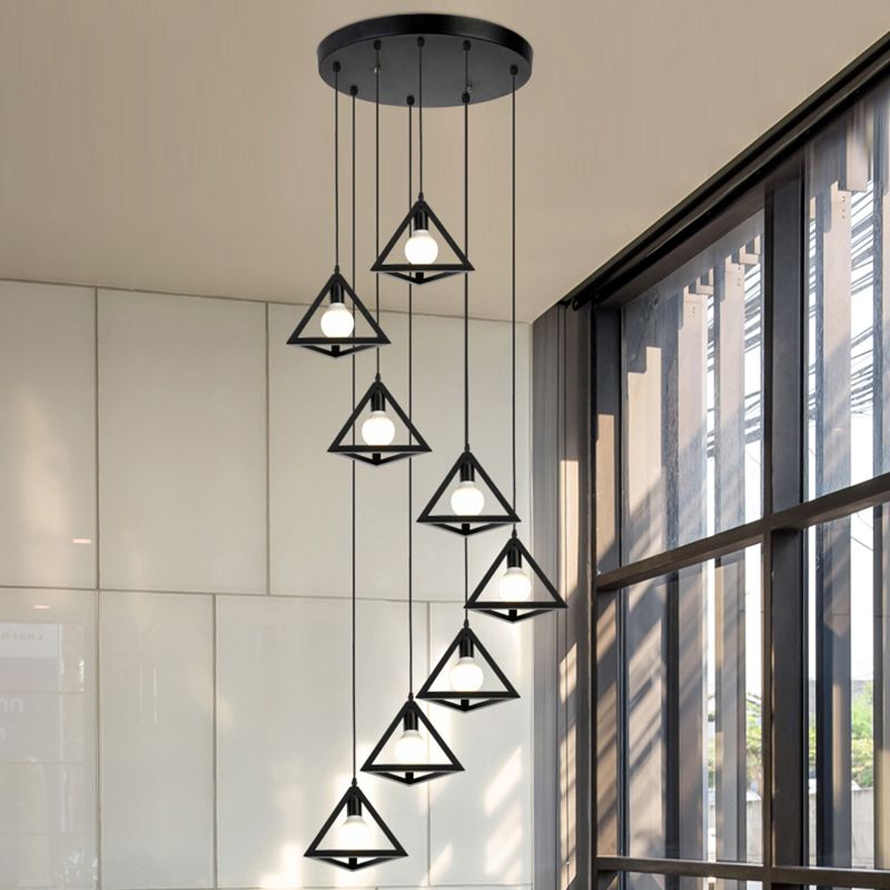 Geometric Cage Staircase Multi Ceiling Lighting Metallic Suspension Light Fixture