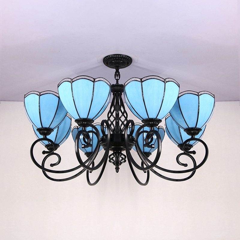 Luz colgante de color azul con brazo curvado Estilo loft 8 luces lámpara de vidrio manchada en azul