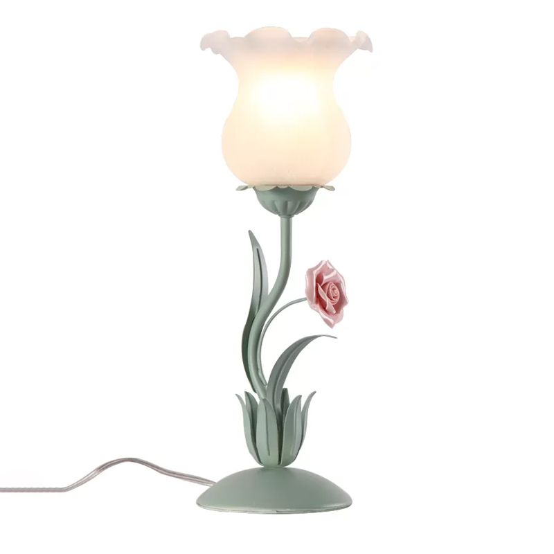 Beige/White/Green Flower Nightstand Lamp American Garden Frosted Milky Glass 1-Head Living Room Table Light