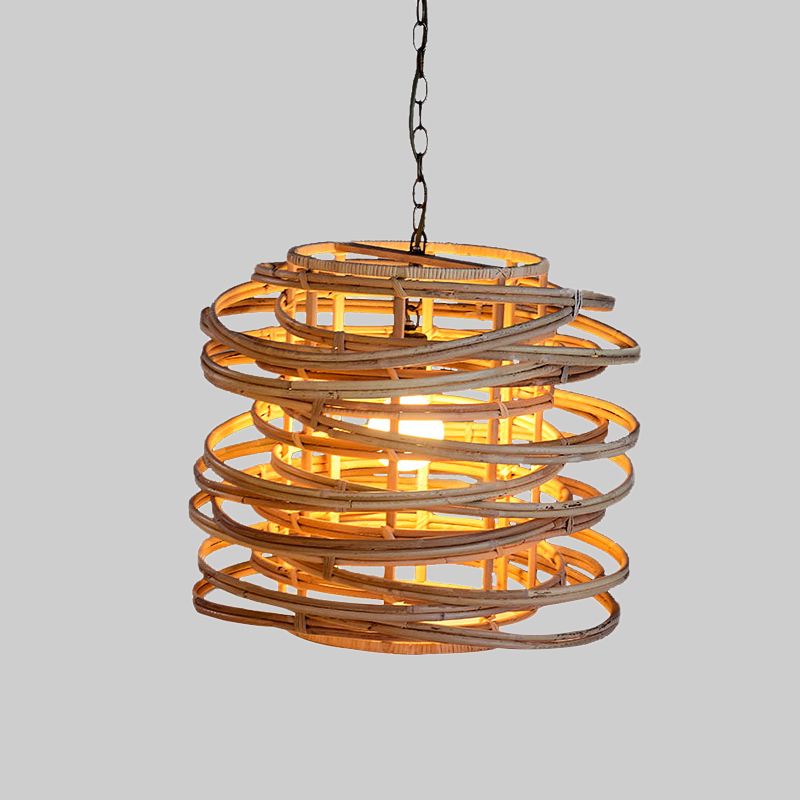 Asia 1 Head Pendant Lighting Wood Swirling Hanging Lamp Kit with Bamboo Shade for Massage House