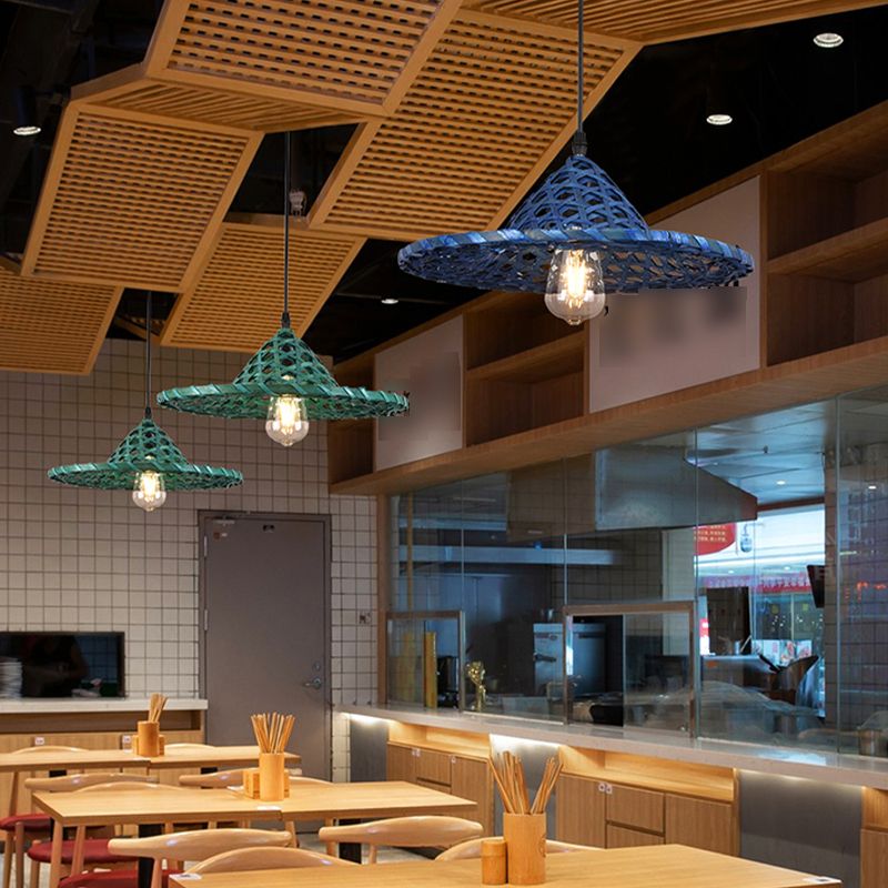 Multicolored Coolie Hat Suspension Light Südostasien 1-Licht-Bambus-Anhänger Licht