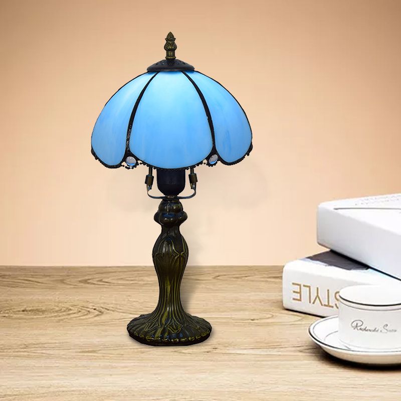 Traditionele koepelle leeslicht kunstglas 1 lichttafellicht met kalebasbasis in blauw/geel voor studieruimte