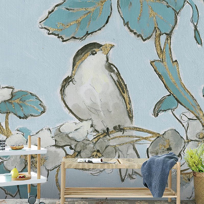 Full Size Sparrow Wall Art Green Non-Woven Fabric Wall Mural for Living Room Decoration, Custom-Made