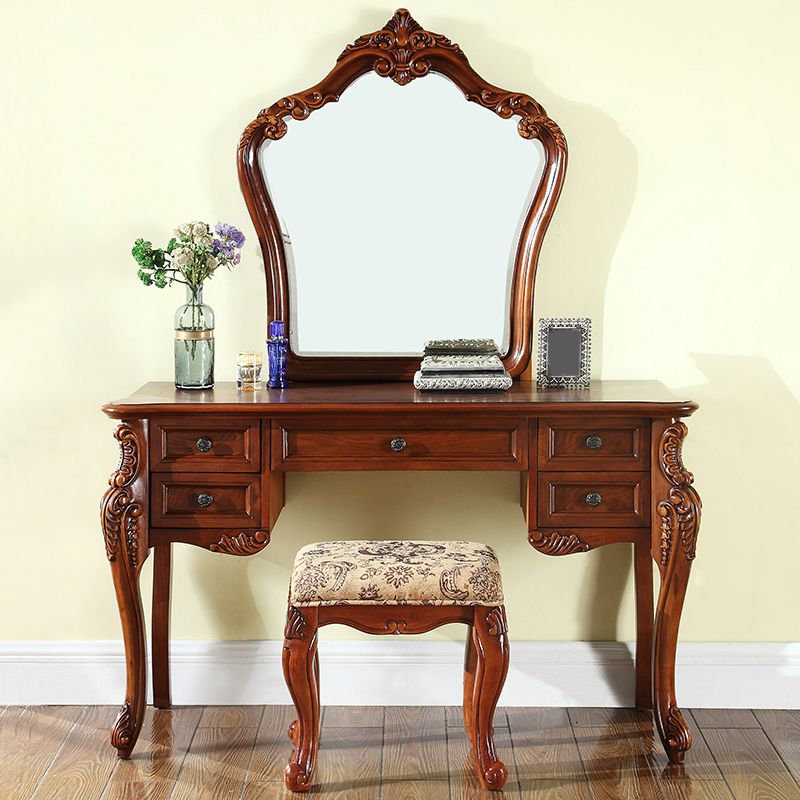 18.89" Wide Brown Vanity Set with Mirror Glass Make-up Vanity with 5 Storage Drawers