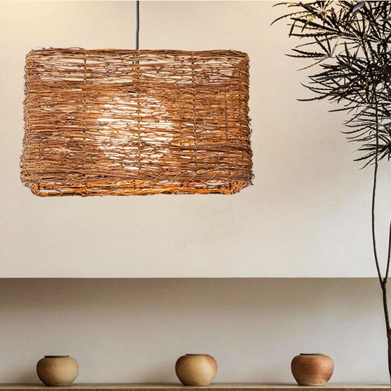 ASIA Rectangle Rattan Posting Lighting Fixture 1 Light Hanging Light Kit en marrón para el comedor