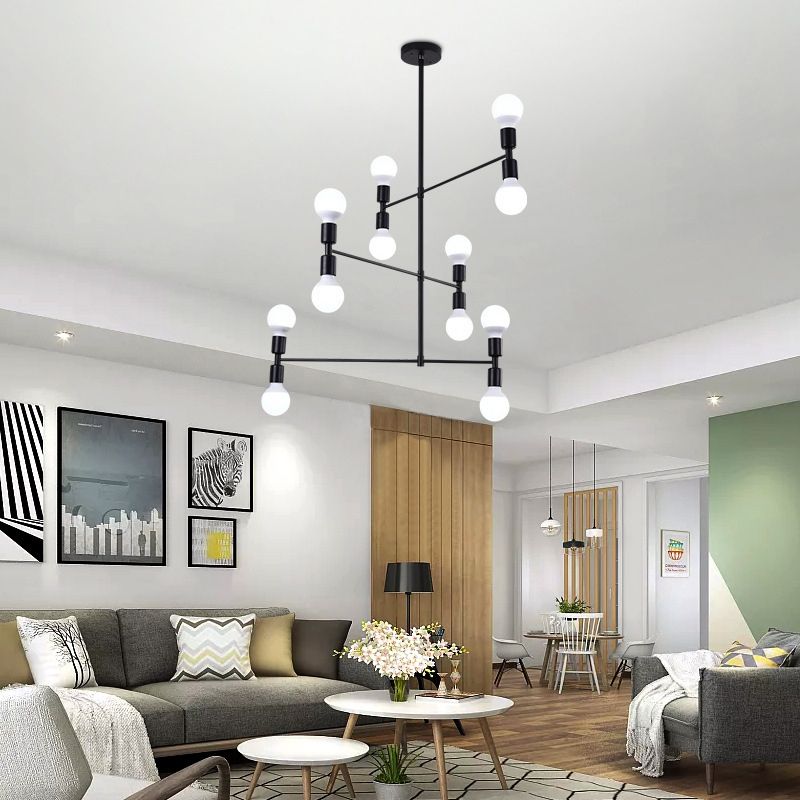 Postmodern 3-Arm Chandelier Metallic 12-Bulb Living Room Hanging Lamp with Shadeless Design