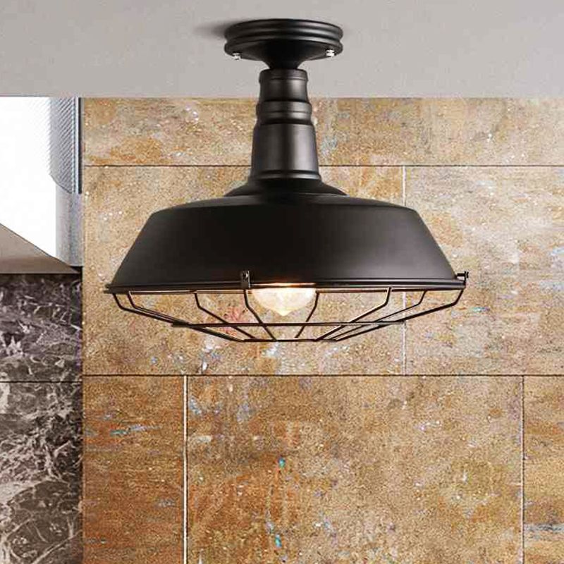 One Light Barn Semi Flush Light Industrial Black Metal Lighting Fixture with Cage, 10"/14" Wide