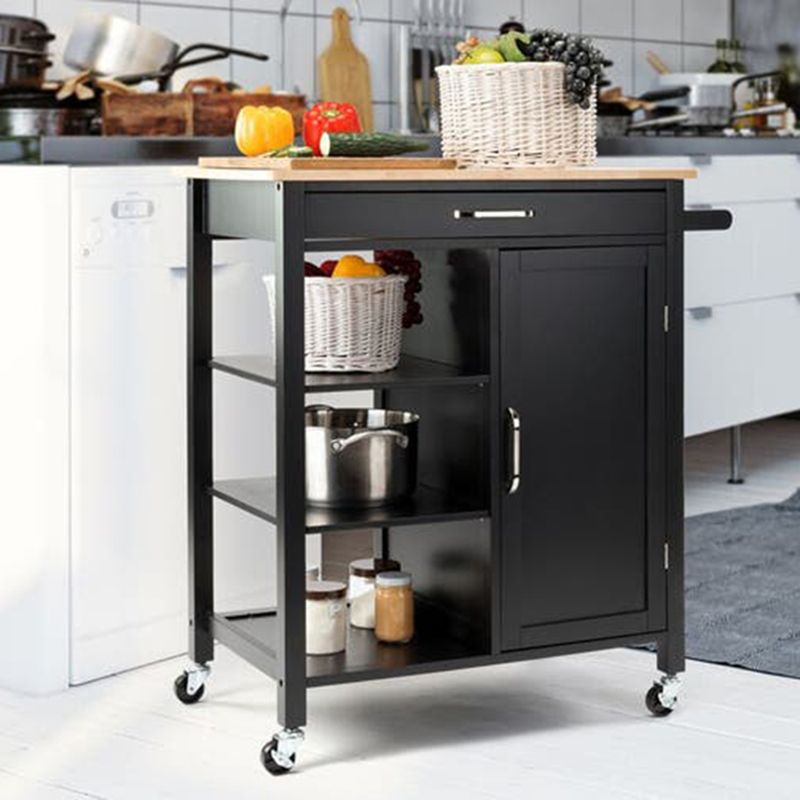 Matte Finish Wooden Kitchen Cart with Open Storage and Wheels