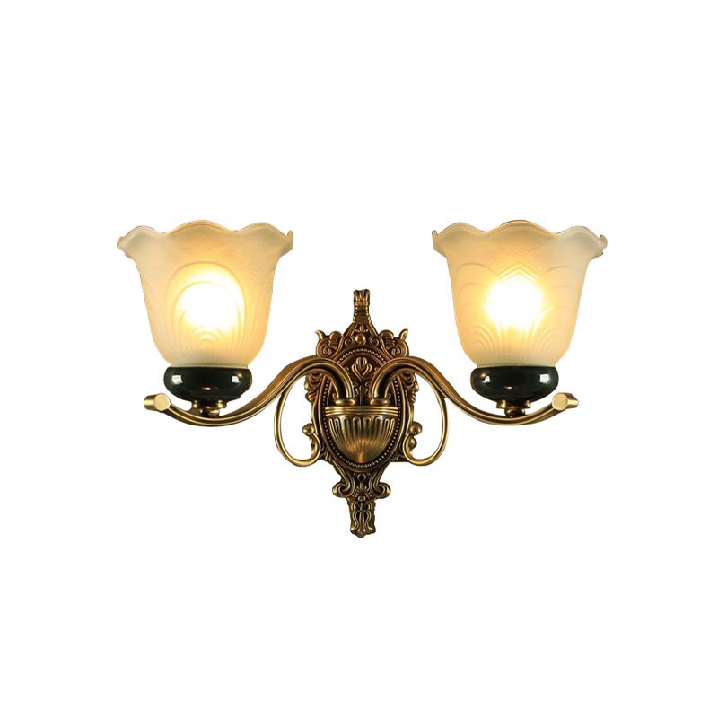 2 Lights Floral Wall Lamp Traditional Brass Frosted Glass Wall Sconce Light with Carved Backplate