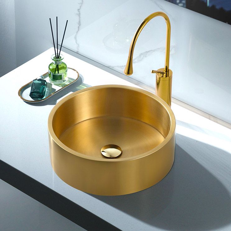 Modern Vessel Sink Round Metal with Basin and Faucet Vessel Lavatory Sink