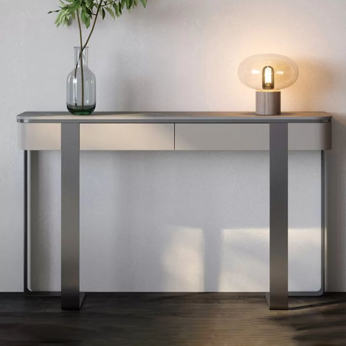 Stone Half Moon Accent Table Modern 33.46" Tall Console Table for Hall