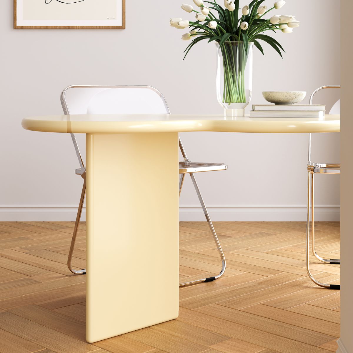 Free Form Solid Wood Dining Table Double Pedestal Furniture in Matte Finish