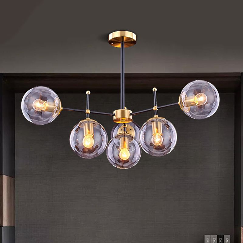 Globe Ceiling Mount Chandelier Vintage Smoke Glass 6-Light Living Room Semi Flush Light Fixture in Black-Brass