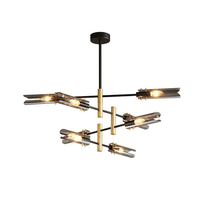 Lampada del lampadario tubolare Fumo moderno Grigio grigio vetro a 8 teste Black e ottone Brass Affermazione Lampada a sospensione