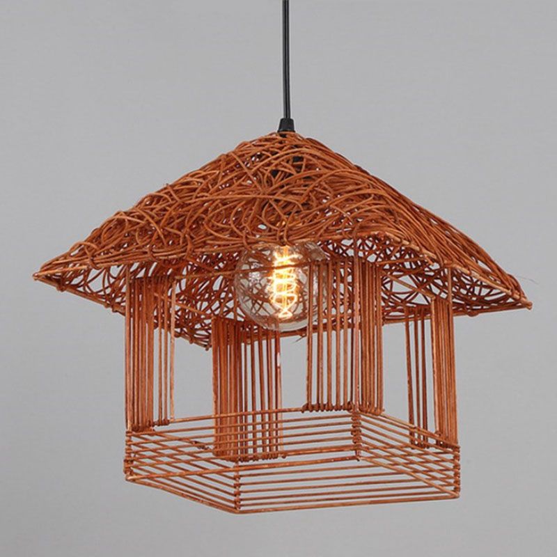 Rattan Woven House Shaped Pendant Country Style Single-Bulb Hanging Ceiling Light