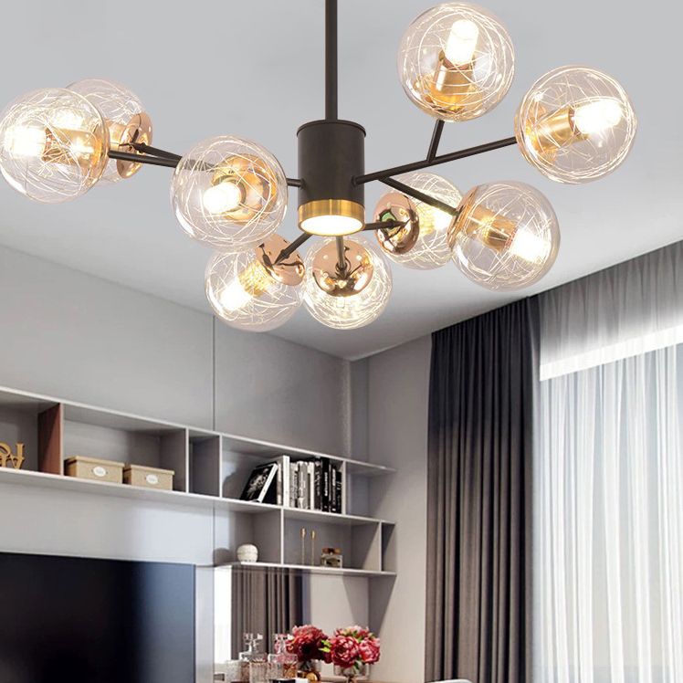 Clear Aluminum Wire Glass Ball Chandelier Light Modern Lighting Ceiling Pendant Light in Black