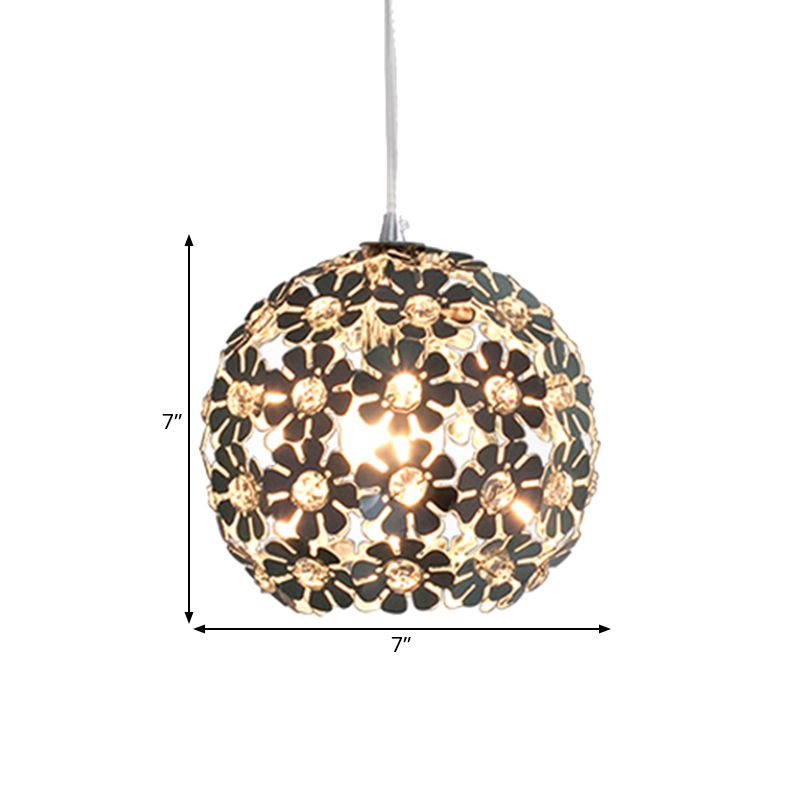 Floral Globe Shade Hanging Light Fixture Contemporary Aluminum 1 Light Chrome Suspension Lamp with Crystal Accent