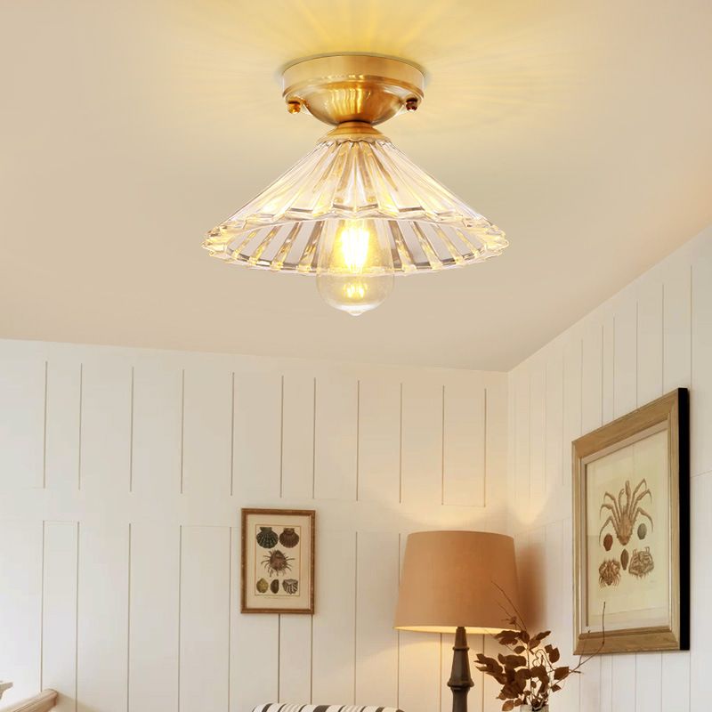 1 Bulb Cone Semi Flush Light Traditionary Ribbed Glass Ceiling Mounted Fixture in Brass for Bedroom