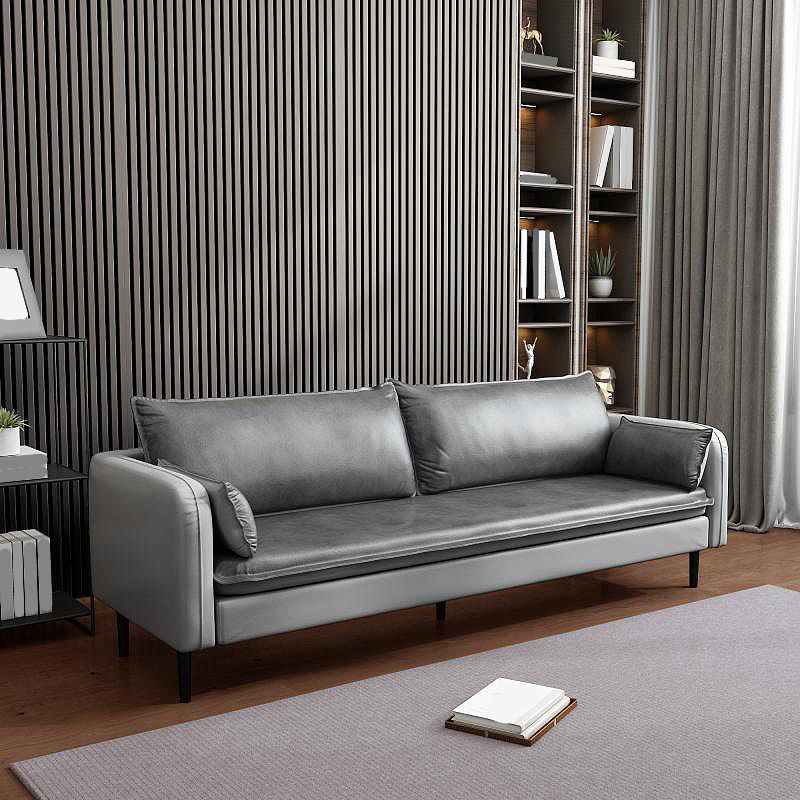 Mid-Century Modern Standard Sofa Faux Leather Square Arm Couch with Pillows