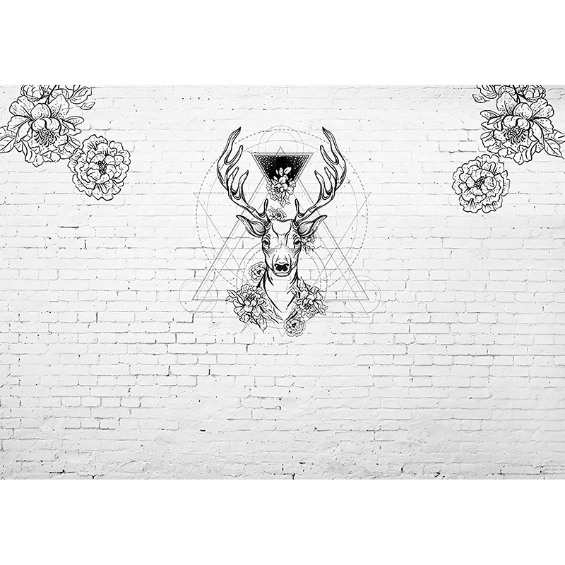 Scandinavian Mural Black and White Deer and Flower Large Wall Decor, Personalized Size Available