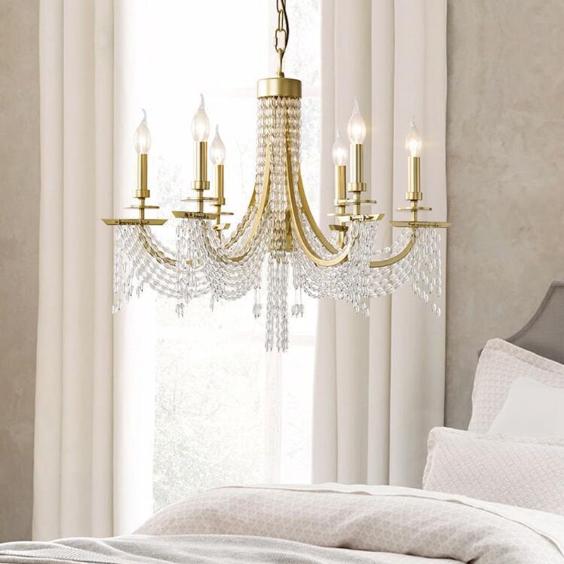 Traditional Candelabra Chandelier Lamp 6/8 Lights Crystal Drop Pendant in Gold for Bedroom