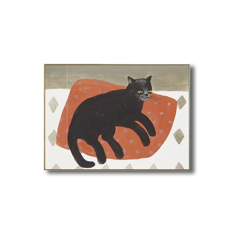 Textured Orange Canvas Art Kids Style Cat Lying on Pillow Painting for Baby Room