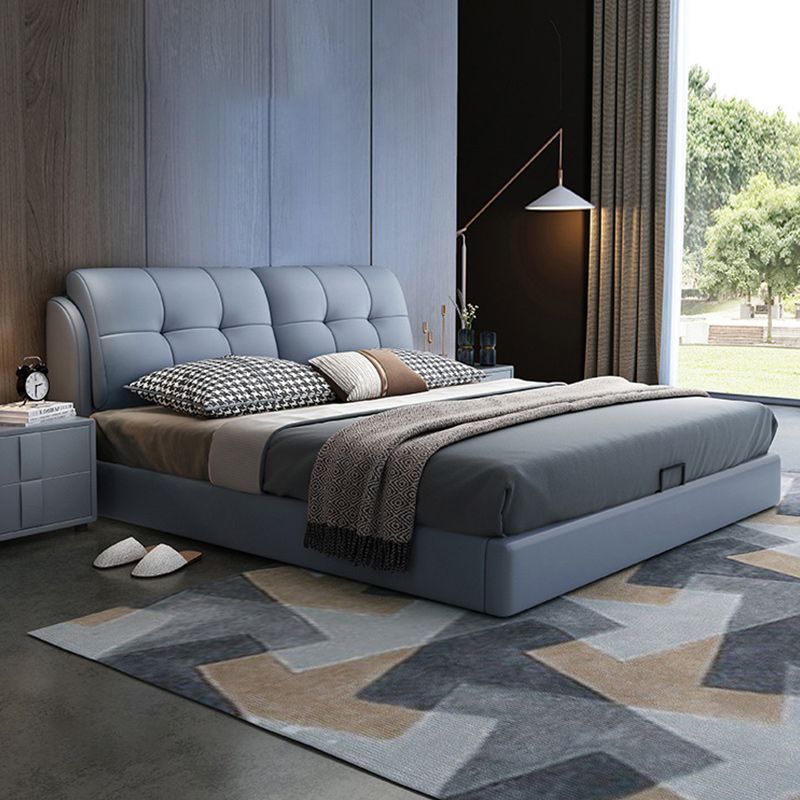 Contemporary Genuine Leather Upholstered Platform Bed Blue Bed Frame