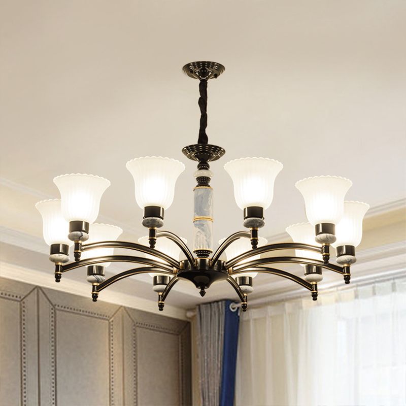 Ribbed Frosted Glass Flared Chandelier Vintage Bedroom Pendant Light with Scalloped Edge in Black
