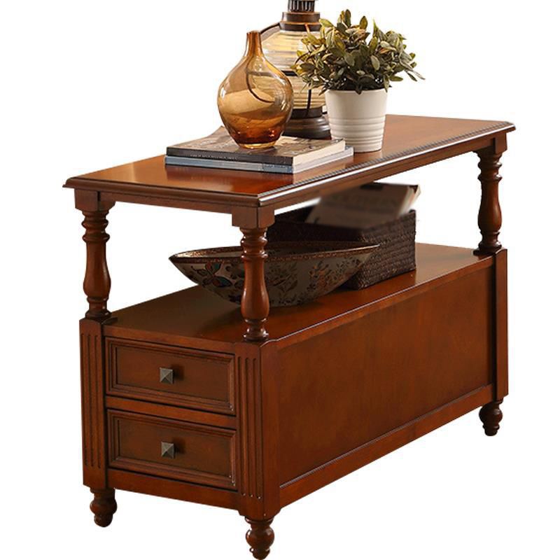 23.6"Tall Rustic Solid Oak Drawer End Table 4 Legs Rectangular Side Table