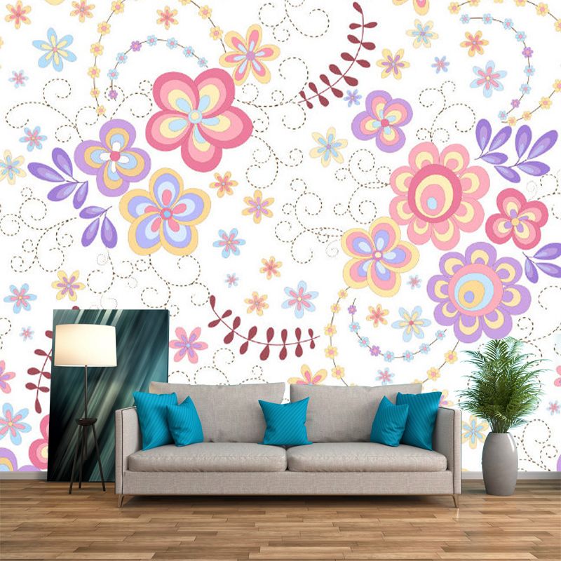 Modernist Flowers Wall Murals Purple and Pink Girls Bedroom Wall Decoration, Custom Size