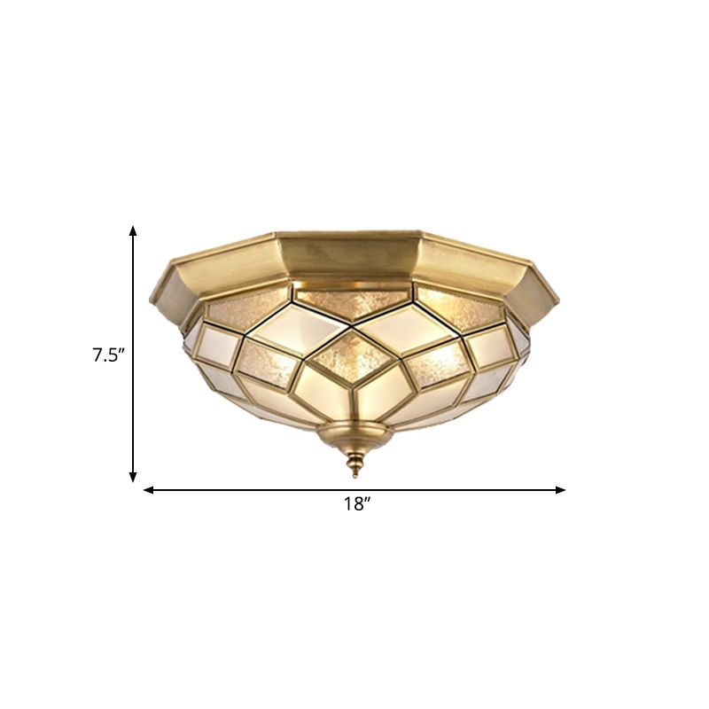 3/5 Lights Flush Ceiling Light Classic Prismatic Frosted Glass Pane Flush Mount Lighting in Gold for Bedroom, 18“/21.5” W