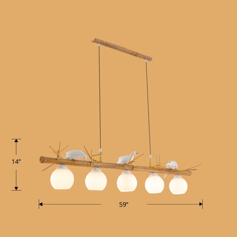 Dome Island Light Fixture Modern Cream Glass Wood Pendant Light with White Bird Deco