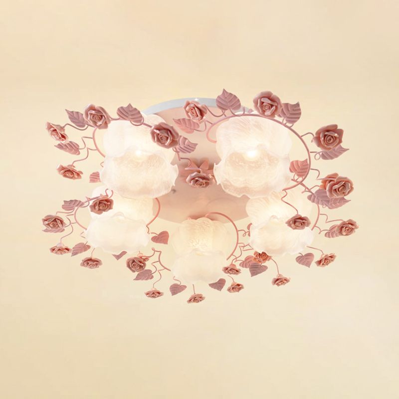 Floral White Glass Ceiling Mounted Fixture Traditional 3/5 Bulbs Living Room Flush Mount Lamp in Pink/Green
